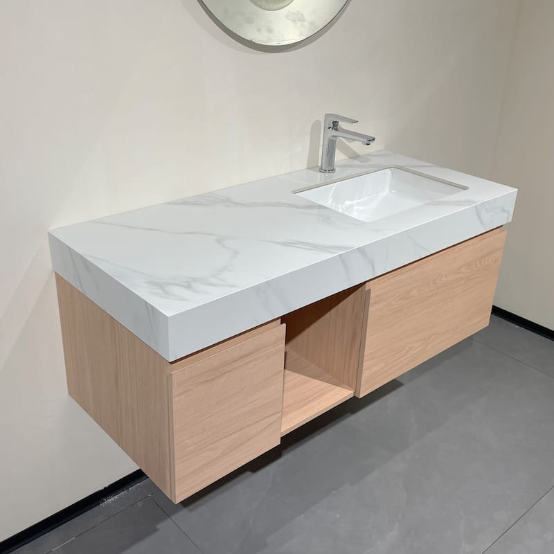 48" Mid Century Single Bathroom faux marble Vanity with Top, Solid Wood, Floating Vanities for Bathroom, Not Assembled Need