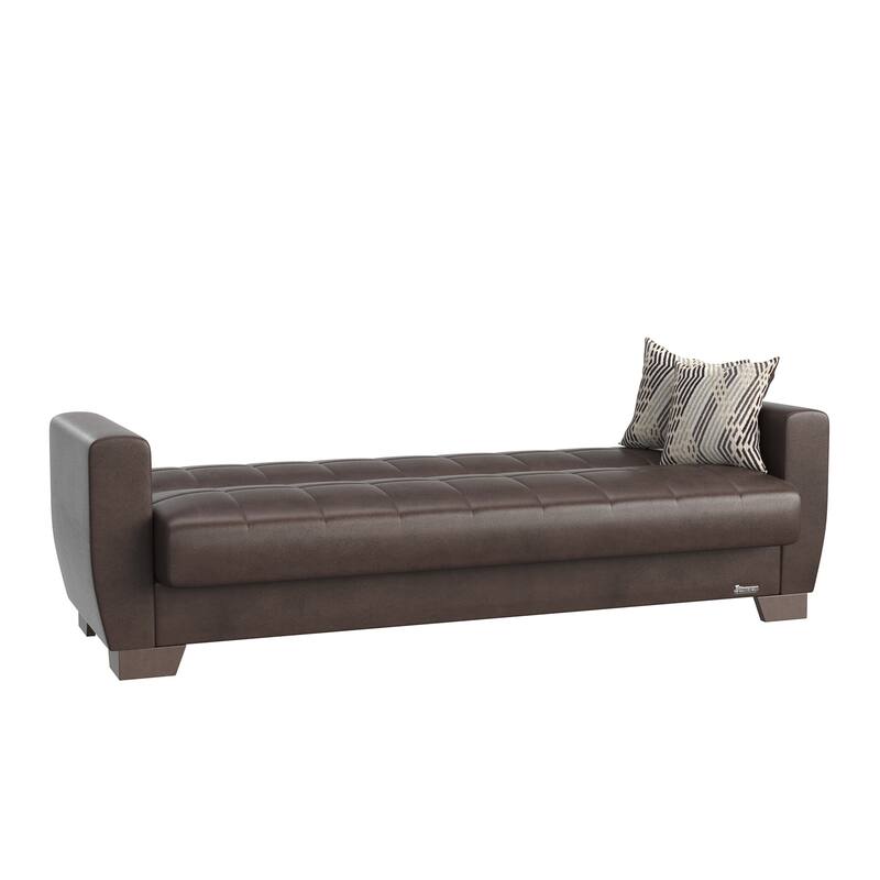 HomeRoots 84" Brown Faux Leather Convertible Futon Sleeper Sofa And Toss Pillows With Storage