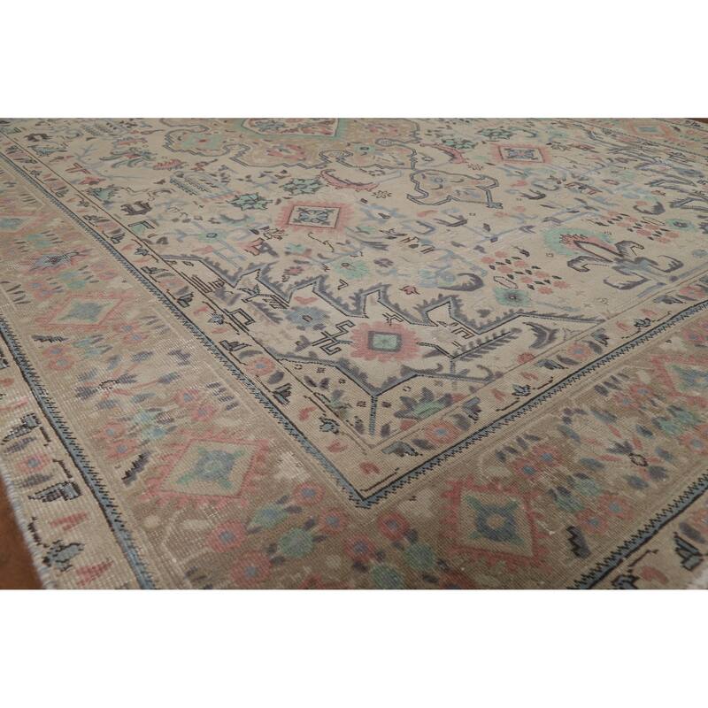 Beige Tabriz Persian Vintage Area Rug Hand-Knotted Wool Carpet - 6'6" x 9'9"