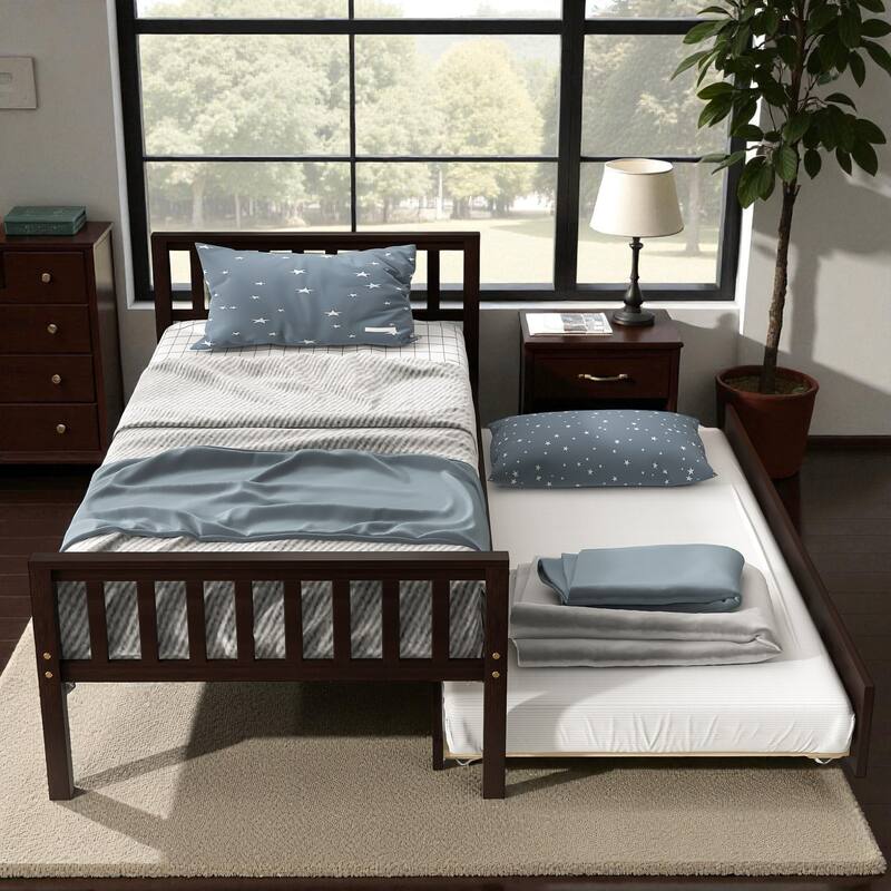 Twin Size Wooden Platform Bed with Trundle, Headboard and Footboard, Space-Saving Design for Guest or Small Bedroom