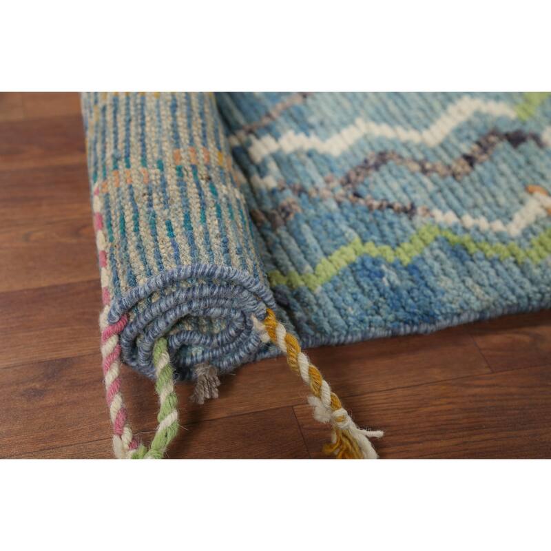 Contemporary Blue Moroccan Runner Rug Hand-Knotted Wool Carpet - 2'10"x 16'1"
