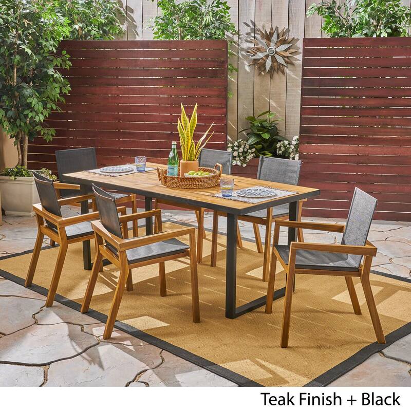 Castano Outdoor Acacia Wood 7 Piece Dining Set with Mesh Seats by Christopher Knight Home