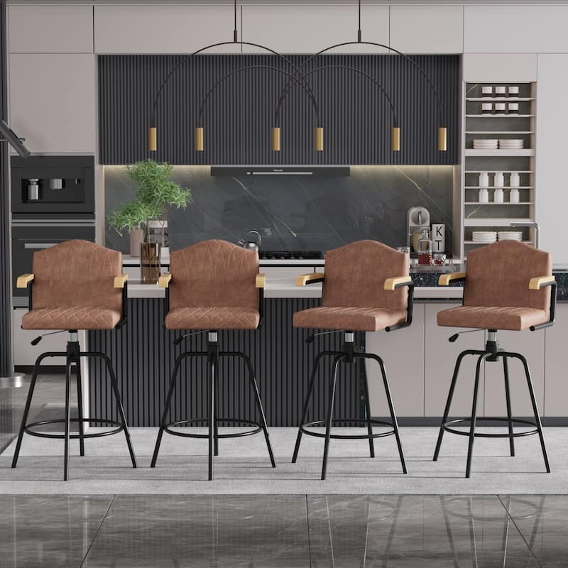 VECELO Set of 2/4 Brown PU Leather Swivel Bar Stools Comfortable Swivel Bar Stools with Footrest Fixed Height Tufted Bar Stools - Set of 4 - Tan