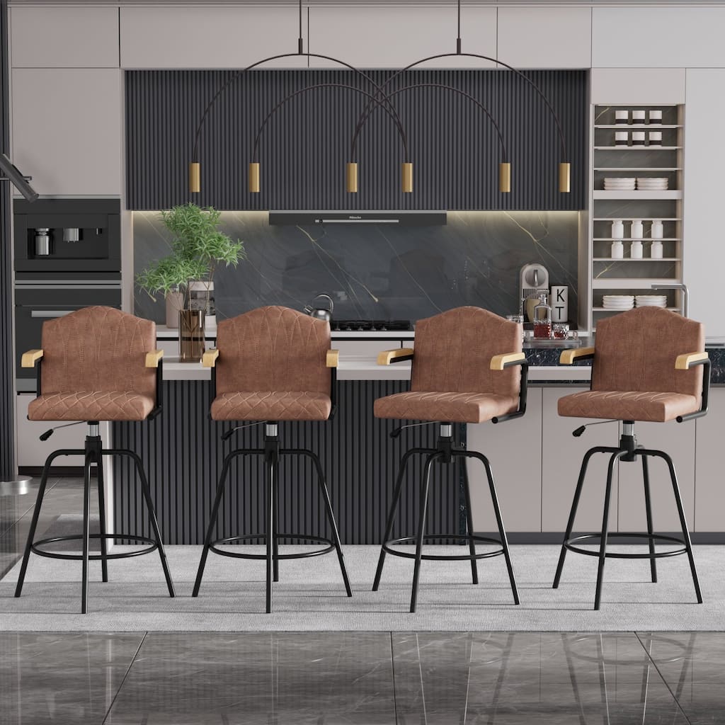 VECELO Set of 2/4 Brown PU Leather Swivel Bar Stools Comfortable Swivel Bar Stools with Footrest Fixed Height Tufted Bar Stools