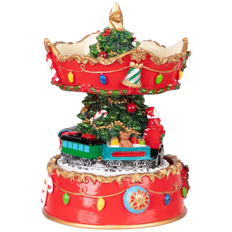 Santa on Train Musical Christmas Carousel - 6" - Red and Gold