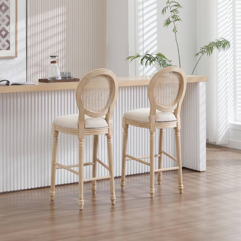 Set of 2 French Country Dining Chairs, Upholstered with Natural Rattan Round Back