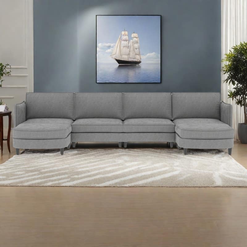 141.5" Fabric U-Shaped 6-Seater Sectional Sofa with Movable Ottoman, Arm Storage Pockets, and 1200lb Capacity