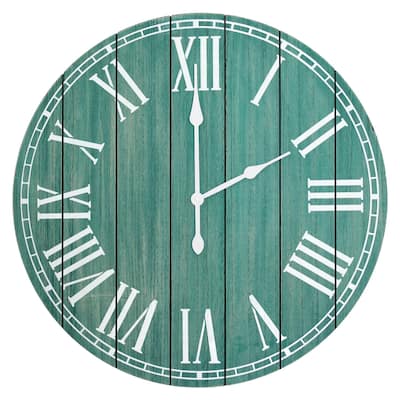 Country Rustic Coastal Round Wooden Wall Clock - 23" - Blue and White