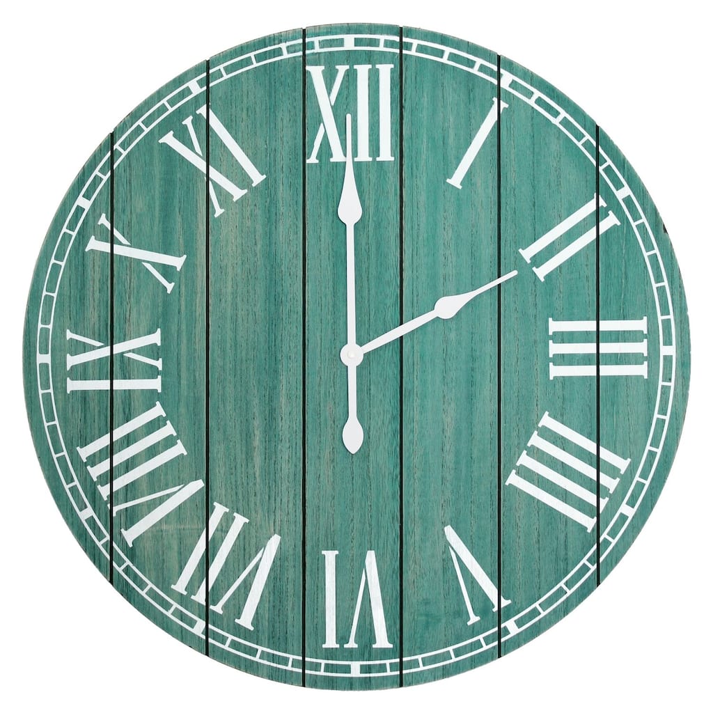 Country Rustic Coastal Round Wooden Wall Clock - 23" - Blue and White