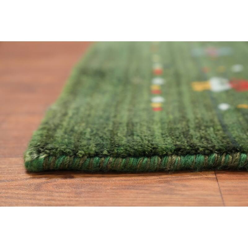 Hand Knotted Oriental Viscose Silk Carpet Tribal Animal Pictorial Green Gabbeh Runner Rug - 7' 6'' X 3' 0''
