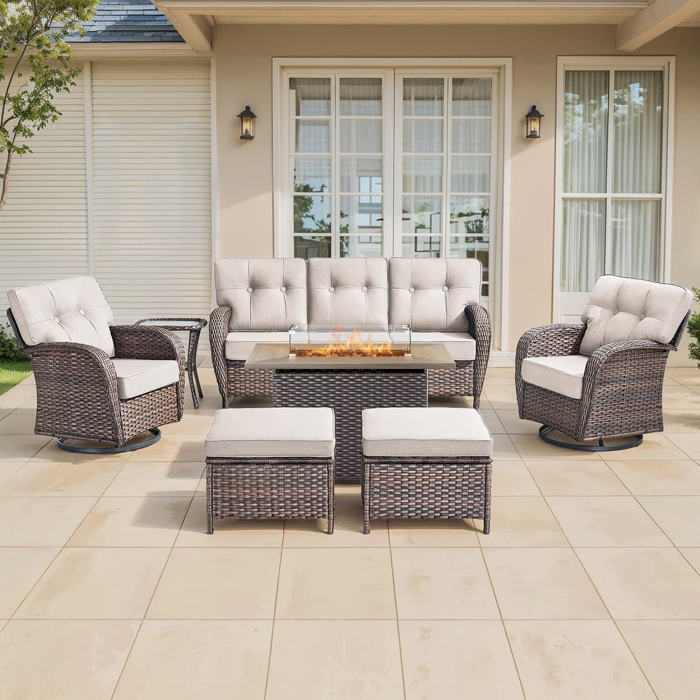 Gymojoy Outdoor Wicker Patio Furniture Sofa Set with 55,000 BTU Fire Pit Table, Swivel Chairs, Ottomans & Side Tables