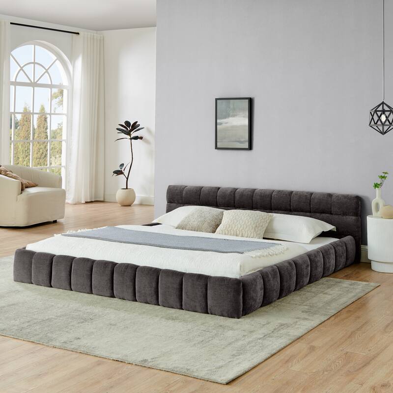Block Thick Chenille Low Profile Platform Bed Fabric Upholstered Bedframe with Headboard Solid Wood Frame - Optional Storage Bed
