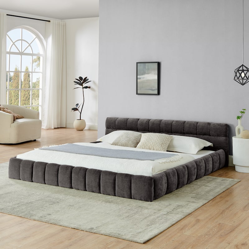 King Size Upholstered Bed Frame with Chenille Fabric, Sturdy Platform Bed Featuring Headboard and Solid Wood Frame