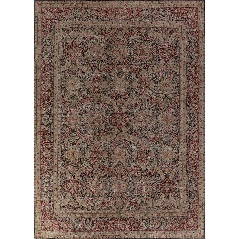 Hand Knotted Oriental 100% Wool Carpet Traditional All-Over Black Kerman Area Rug - 13' 0'' X 9' 8''