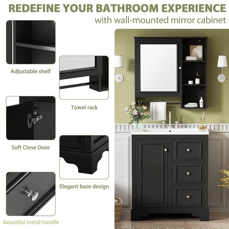 30'' Bathroom Vanity with Top Sink, Freestanding Vanity Set with Mirror Cabinet