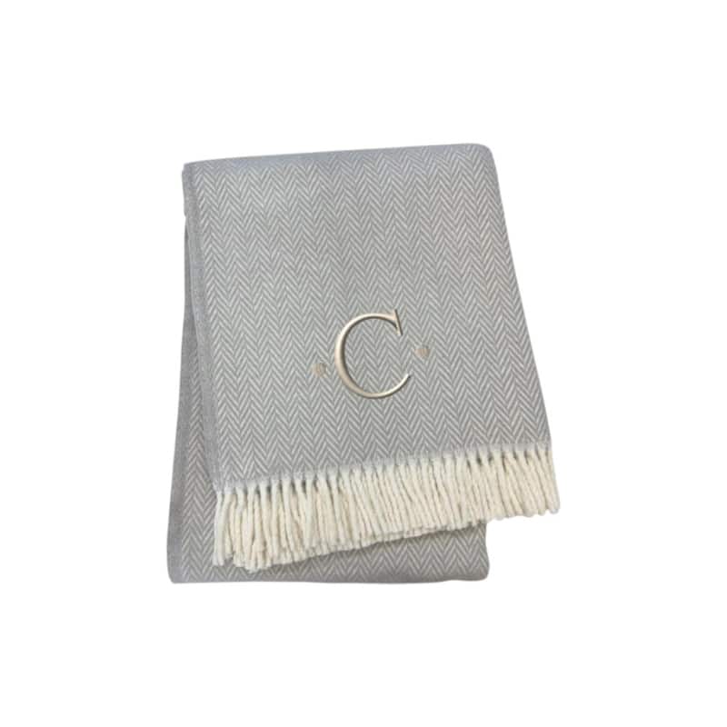 HomeRoots 55" X 70" Gray And White Herringbone Cotton Blend C Initial Throw Blanket with Tassels And Embroidery