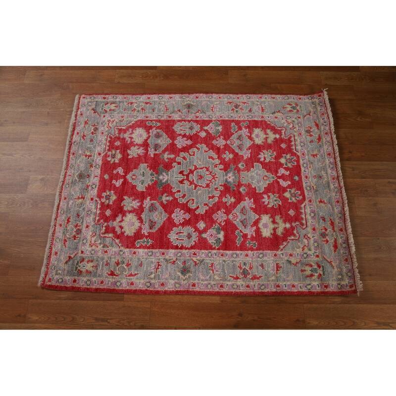 Red Geometric Oushak Turkish Oriental Rug Hand-knotted Wool Carpet - 3'0" x 3'9"