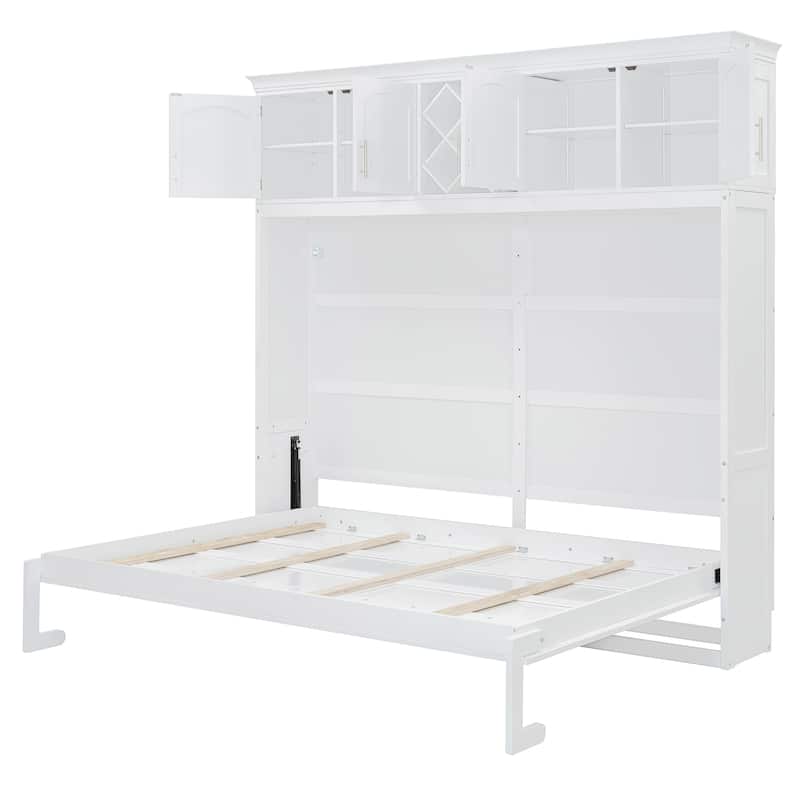 Queen Size Murphy Bed Wall Bed with Top Cabinets & Wine Rack