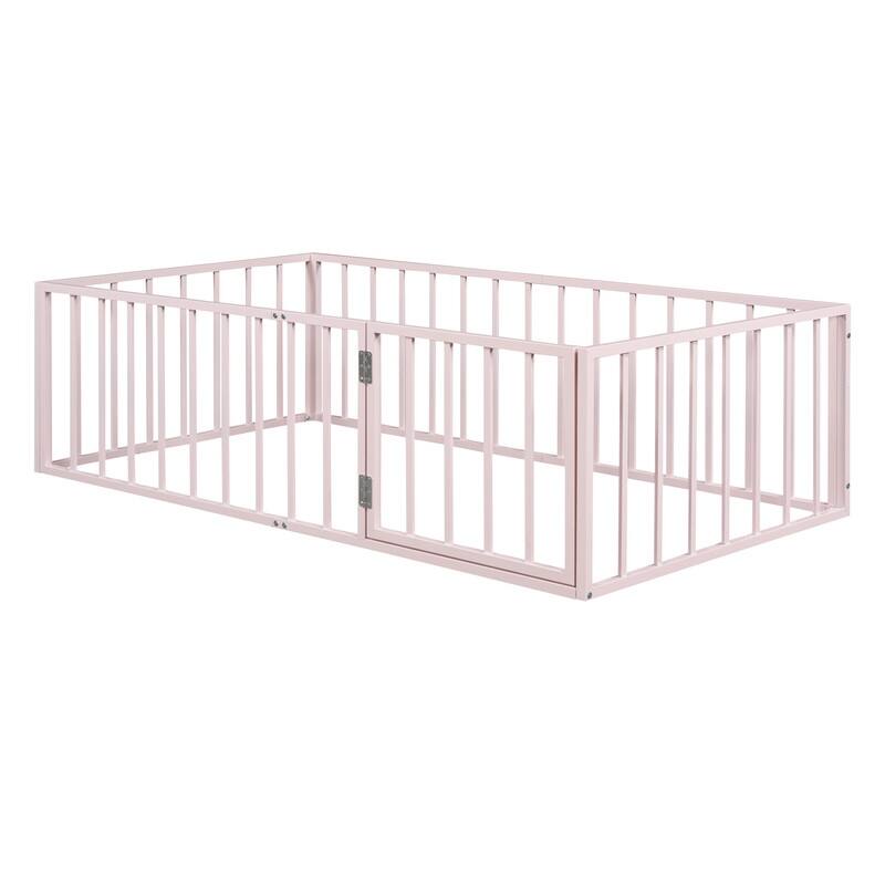 Twin/Full/Queen Size Floor Bed for Kids, Montessori Beds with Rails and Door, Metal Playhouse Bed Frame w/ Fence for Boys Girls