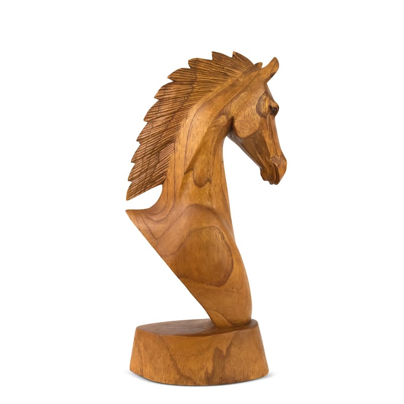 Wooden Hand Carved Horse Head Statue Sculpture Handcrafted Handmade Wood Decorative Home Decor Accent Decoration - 8" tall x 4" wide x 1.5" deep