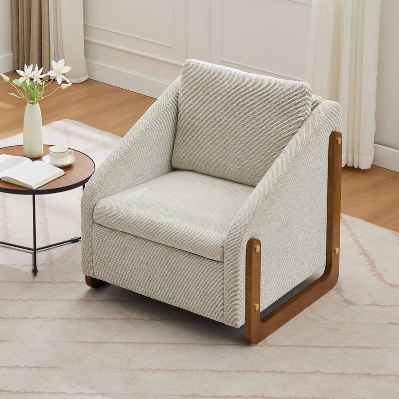 Anmytek Chenille Fabric Comfortable Modern Accent Armchair - Wooden Side Frame Cushioned Seat and Backrest - Beige