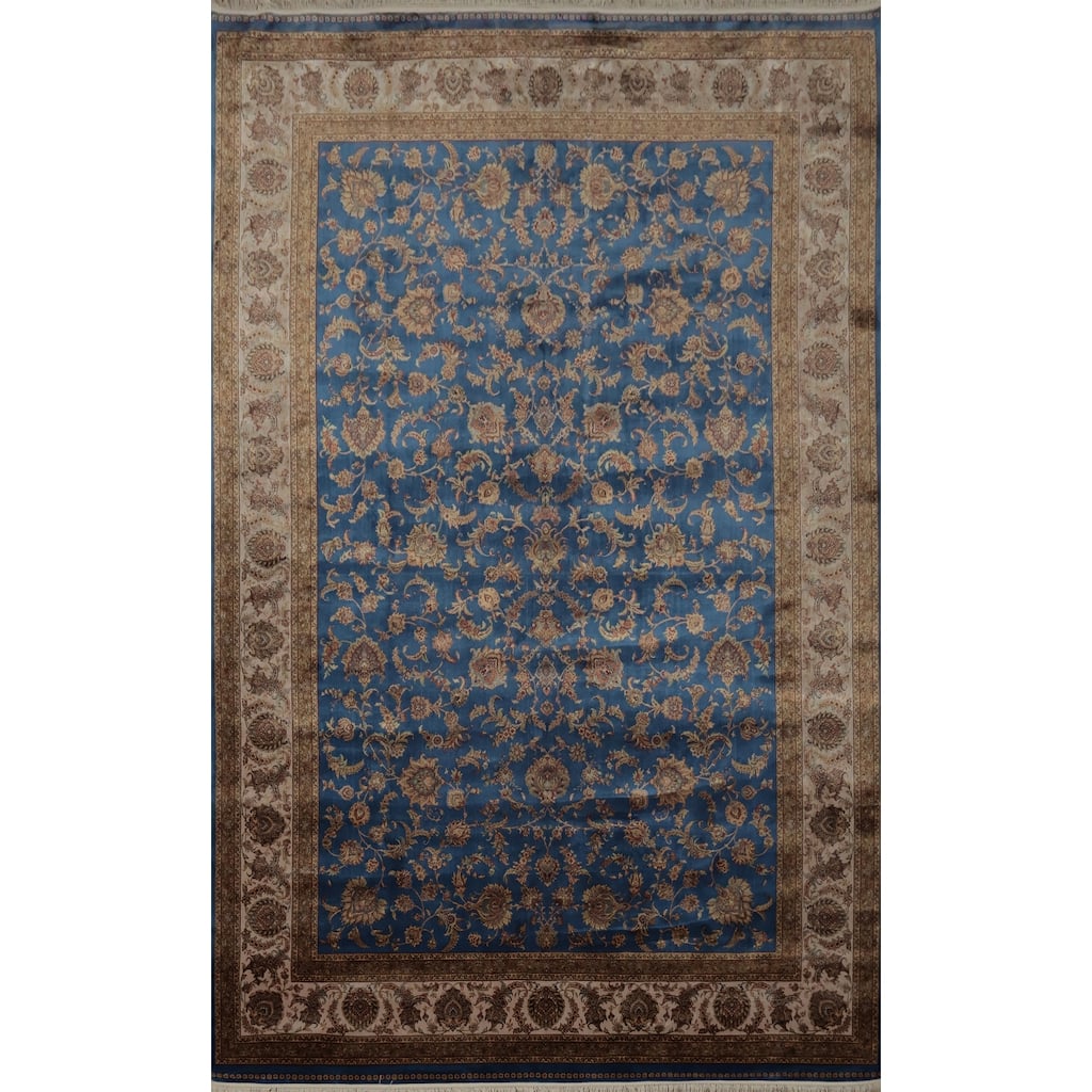 Machine Made Oriental 90% Silk - 10% Polyester Carpet Traditional Floral Navy Blue & Blues Qum Area Rug - 9' 10'' X 6' 7''