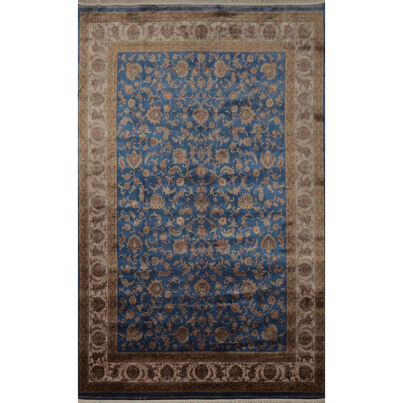 Machine Made Oriental 90% Silk - 10% Polyester Carpet Traditional Floral Navy Blue & Blues Qum Area Rug - 9' 10'' X 6' 7''