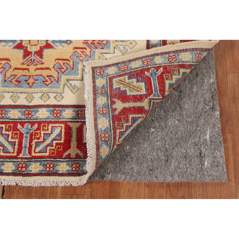 Geometric Kazak Oriental Area Rug Handmade Beige Wool Carpet - 3'11" x 6'0"