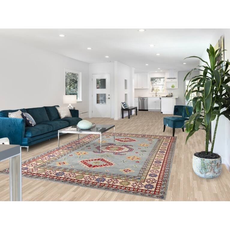 Light Blue Kazak Area Rug Hand-Knotted Traditional Wool Carpet - 6'6" x 9'7"