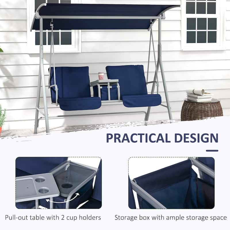 Outsunny 2 Person Porch Swing with Stand, Outdoor Swing with Canopy, Pivot Storage Table, 2 Cup Holders, Cushions for Patio,