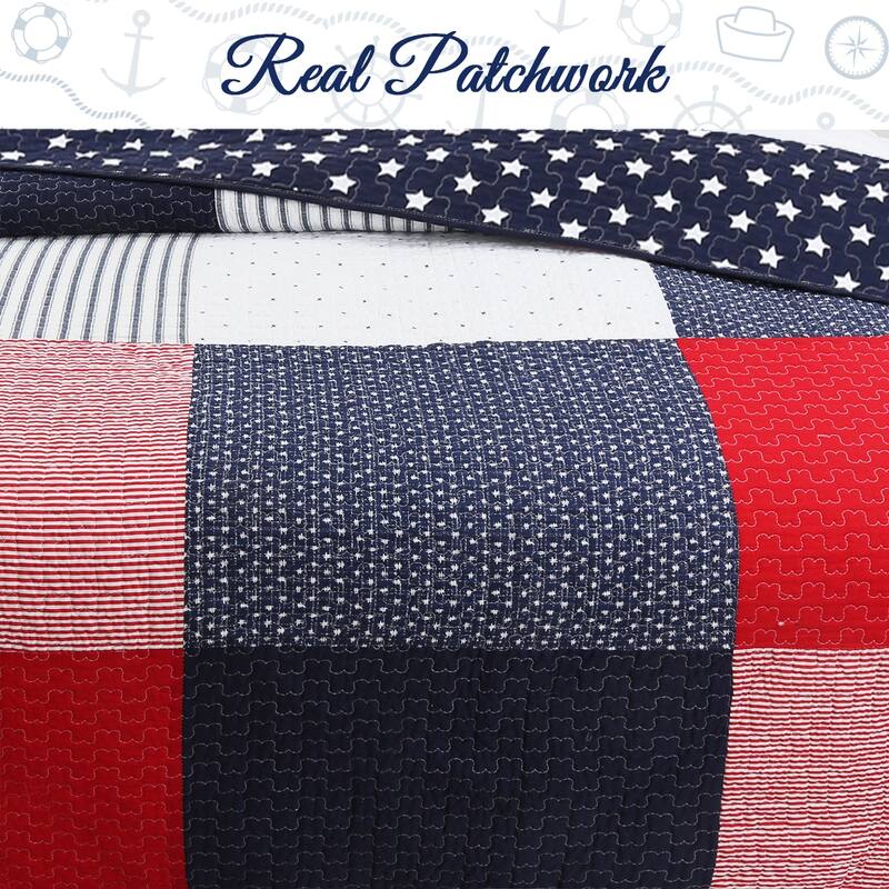 Cozy Line Patriotic Patchwork Plaid Red White Blue Reversible Cotton Quilt Bedding Set