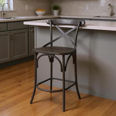 HomeRoots 26" Black Solid Wood and Iron Counter Height Bar Chair