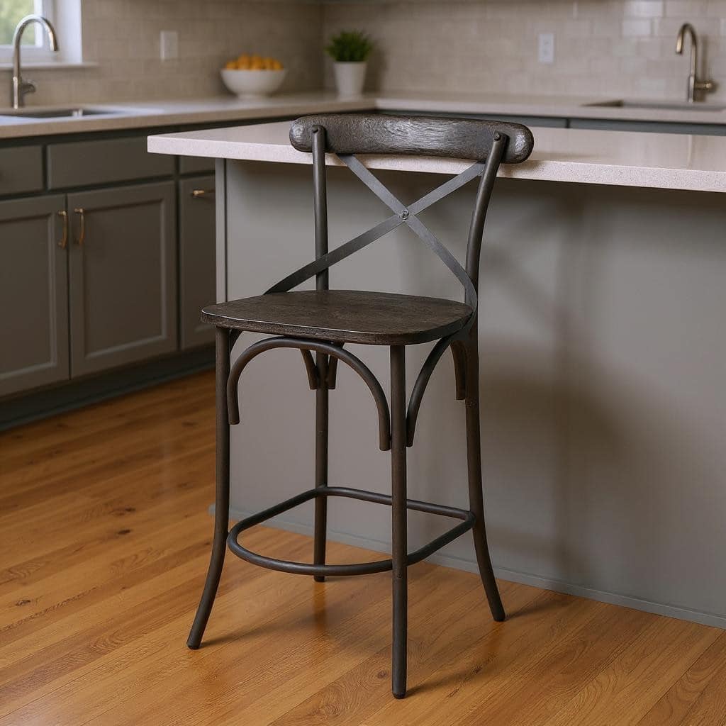 HomeRoots 26" Black Solid Wood and Iron Counter Height Bar Chair