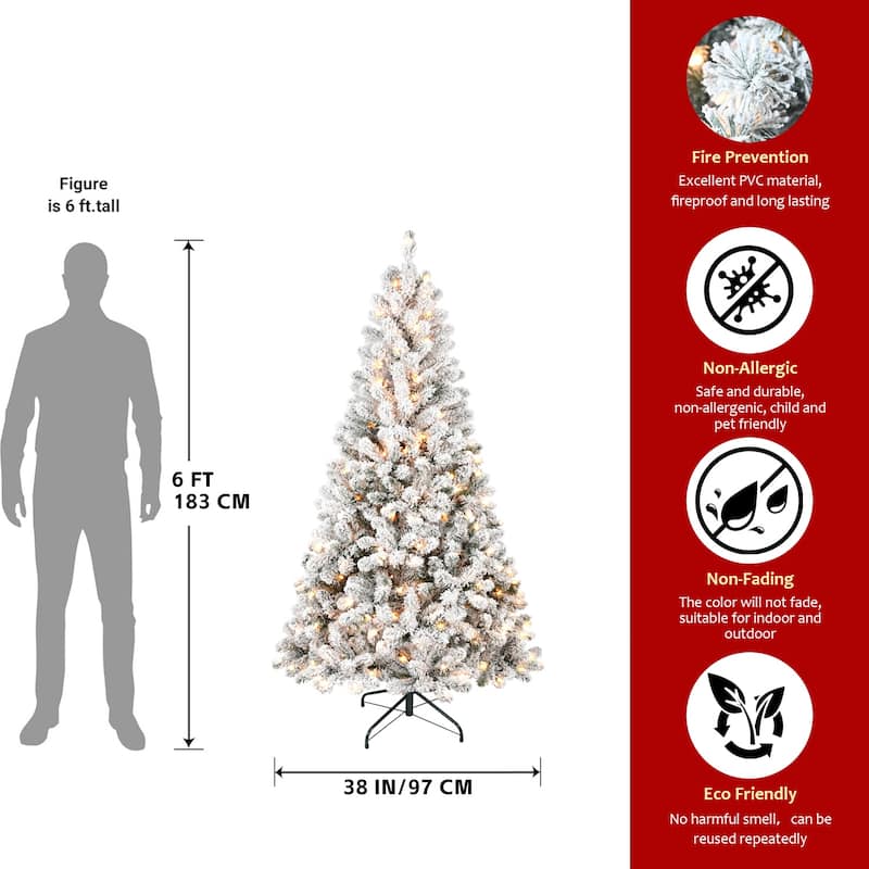 7FT Flocked Christmas Tree with 350 Warm White Incandescent Lights-Snowy Artificial Tree with 1022 Tips and Sturdy Metal Stand