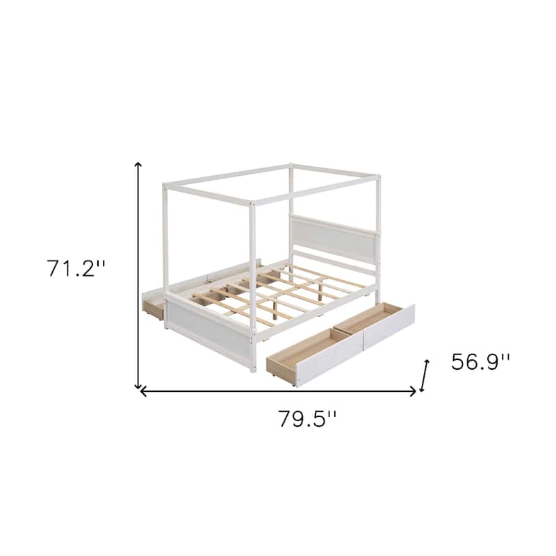 HomeRoots White Wood Full Canopy Bed With Drawers