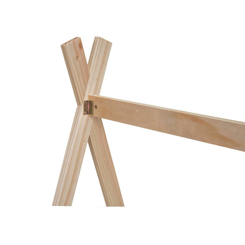 Wooden Tent Floor Bed with Triangle Structure, Kids House Floor Bed Frame without Slats
