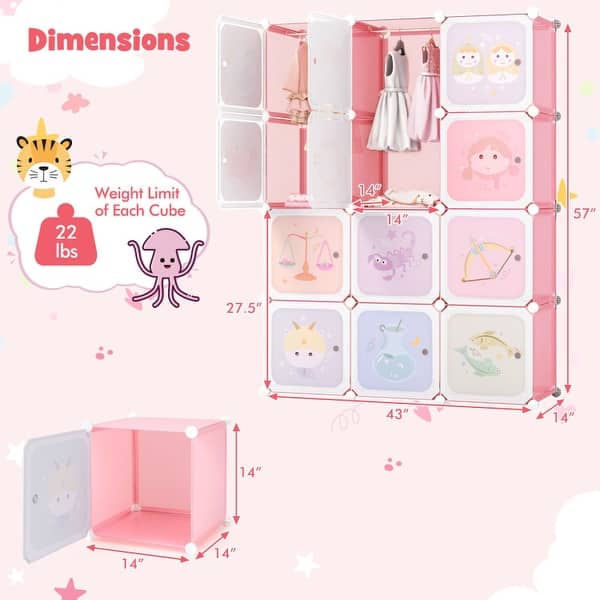 dimension image slide 3 of 5, Kids Wardrobe Closet with Hanging Section and Cute Doors