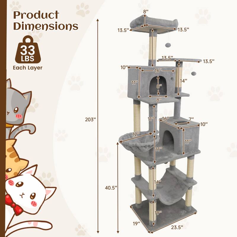 Gymax 80'' Tall Cat Tree w/2 Condos Sisal Scratching Posts Plush Perch