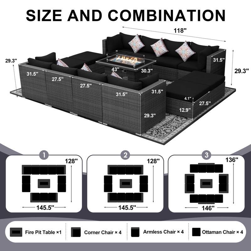 FINCATI Outdoor Grey Wicker Sectional Furniture Patio Sofa Set with Firepit Table