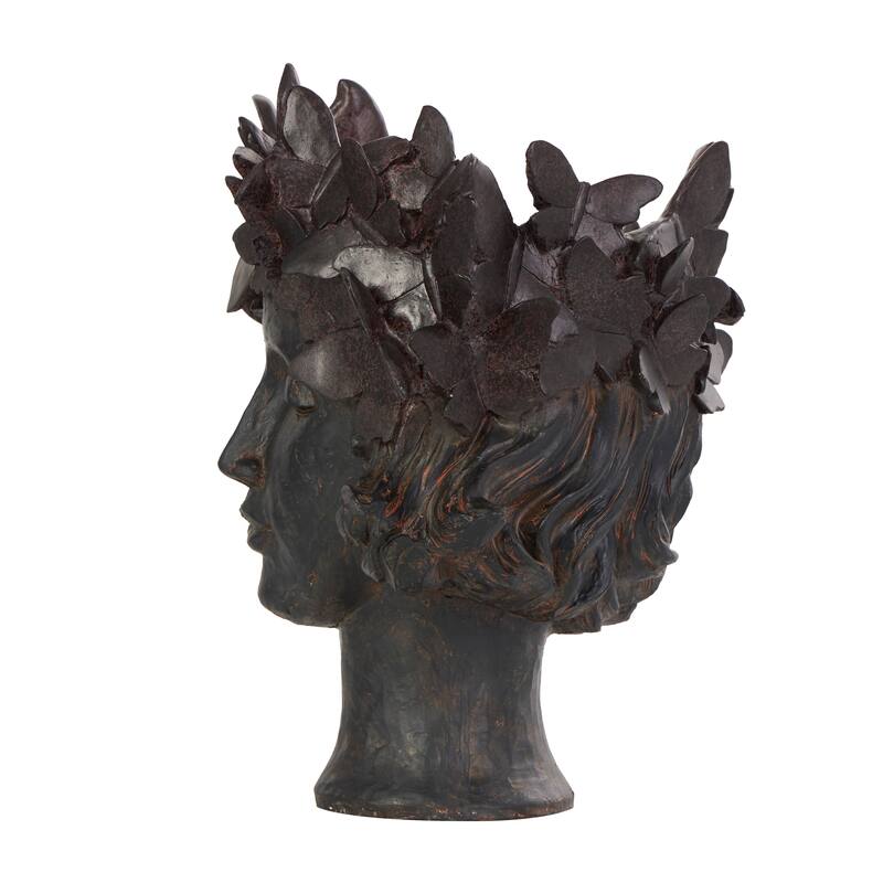 Bronze Resin Head Woman Indoor Outdoor Planter with Wide Opening and Butterfly Accents