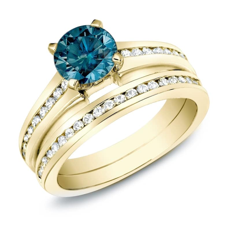 Auriya 14k Gold 1ctw Unique Blue Diamond Engagement Ring Set - Yellow - 4