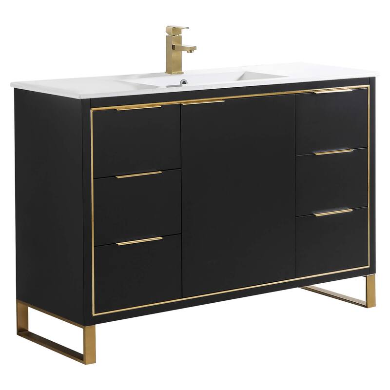 Fine Fixtures Opulence Collection Bathroom Vanity with White Ceramic Sink - 48 Inch - Black Matte - Satin Brass Hardware
