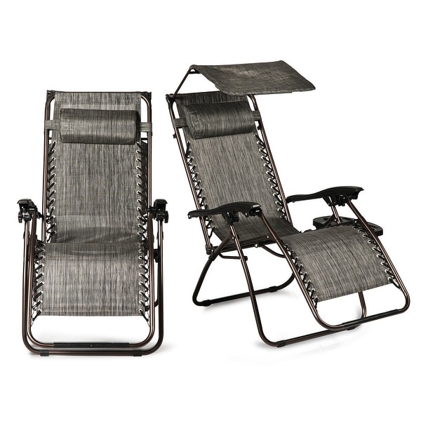 BELLEZE 2-Pack Recliner Slots Reclining Zero Gravity Chairs Canopy Shade w/ Headrest Pillows, Gray