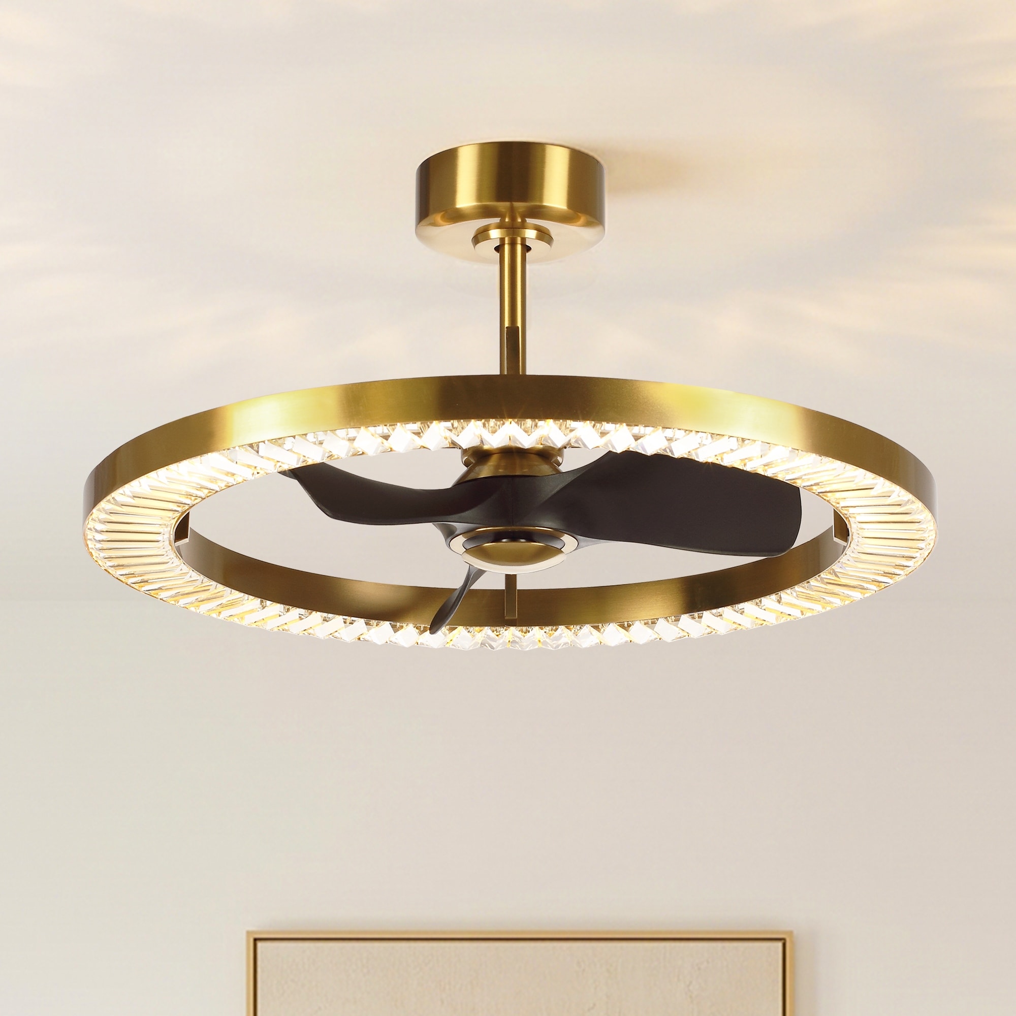 32" Modern Gold 3-Blade Crystal Caged Fandelier Ceiling Fan with Light and Remote