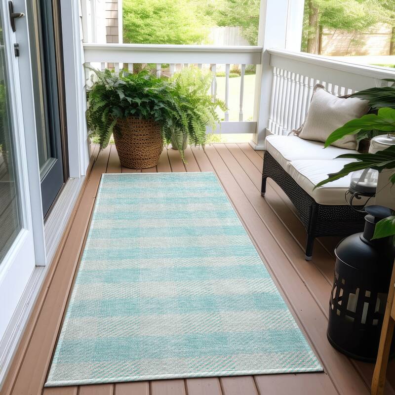 Machine Washable Indoor/ Outdoor Chantille Plaid Stripe Rug - Aqua - 2'3" x 7'6"