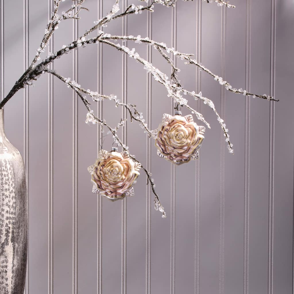 5"Glass La Vie En Rose Ornament Set of 2