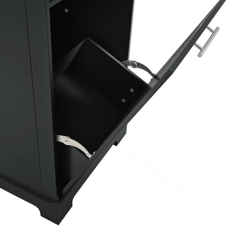 Kitchen Island with Trash Can Storage Cabinet, Power Outlet, Internal Storage Rack, Rolling Kitchen Islands on 5 Wheels - Black