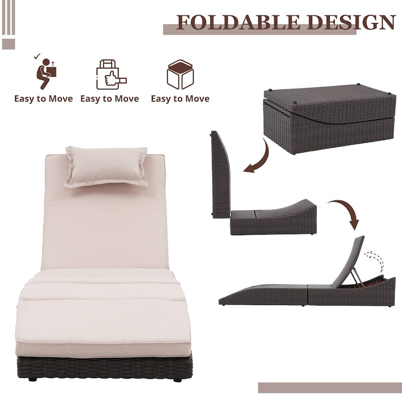 Outdoor PE Wicker Chaise Lounge Chairs, Patio Rattan Reclining Chair Adjustable Backrest Pool Sunbathing Recliners
