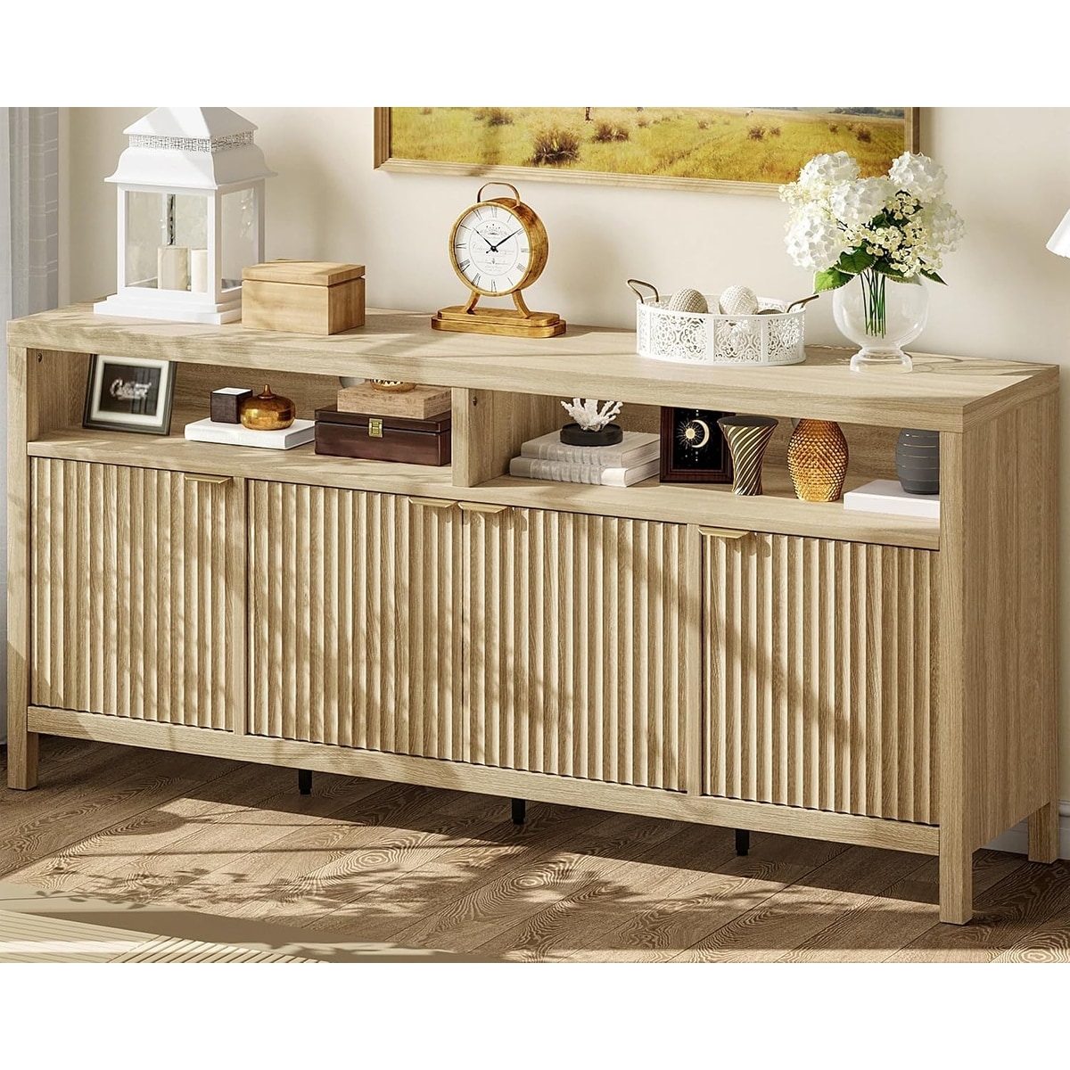 Modern Fluted Sideboard Cabinet,4-Door Storage Buffet with Adjustable Shelves