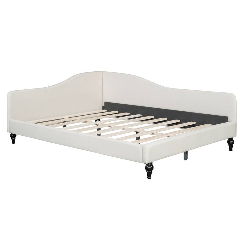 Twin/Full Size Upholstered Daybed, Linen Fabric Sofa Bed with Solid Wood Legs and L Shaped Backrest, Solid Wood Bedframe